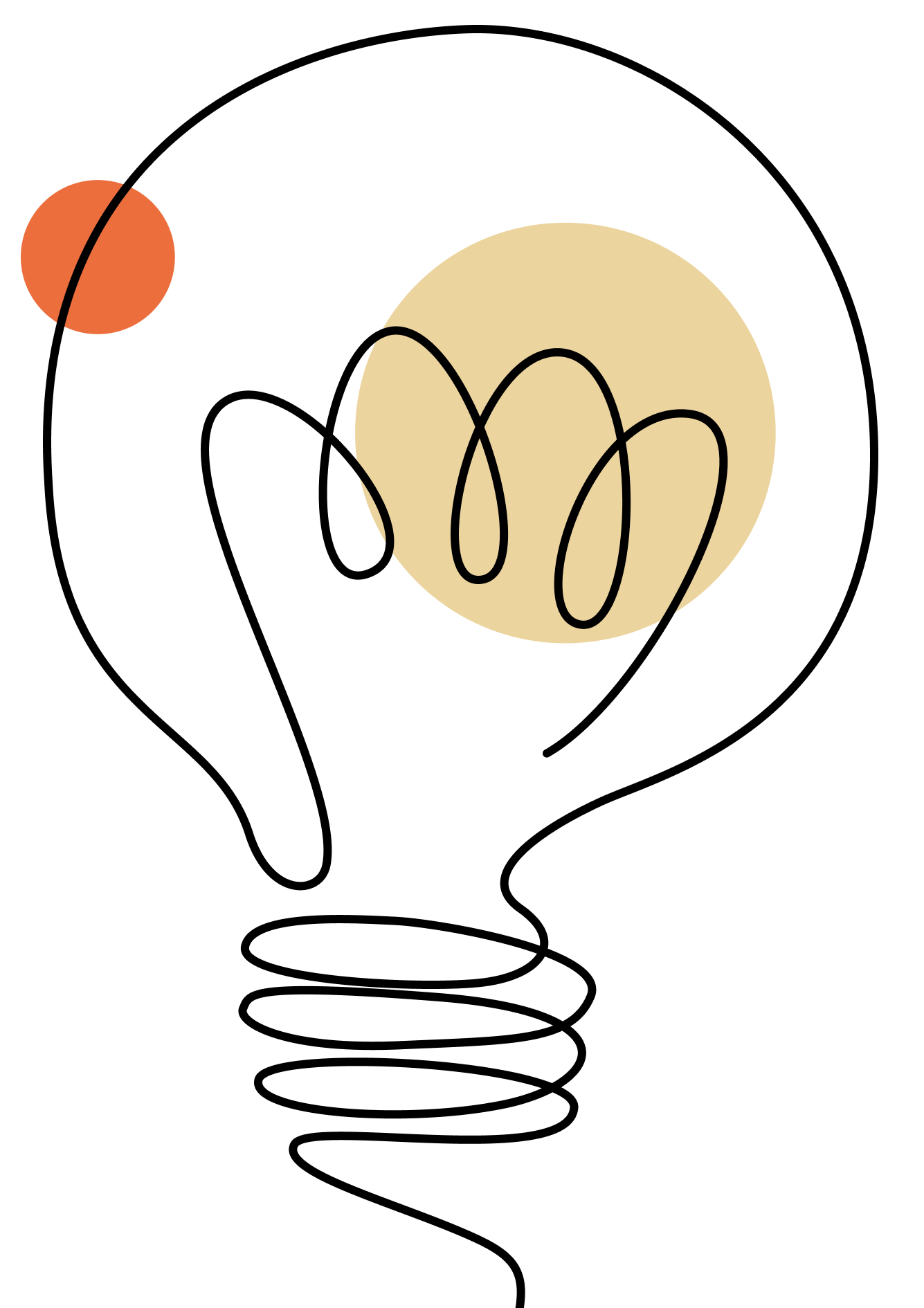 outline of a lightbulb with a small orange cirle top left and creme colored circle center right