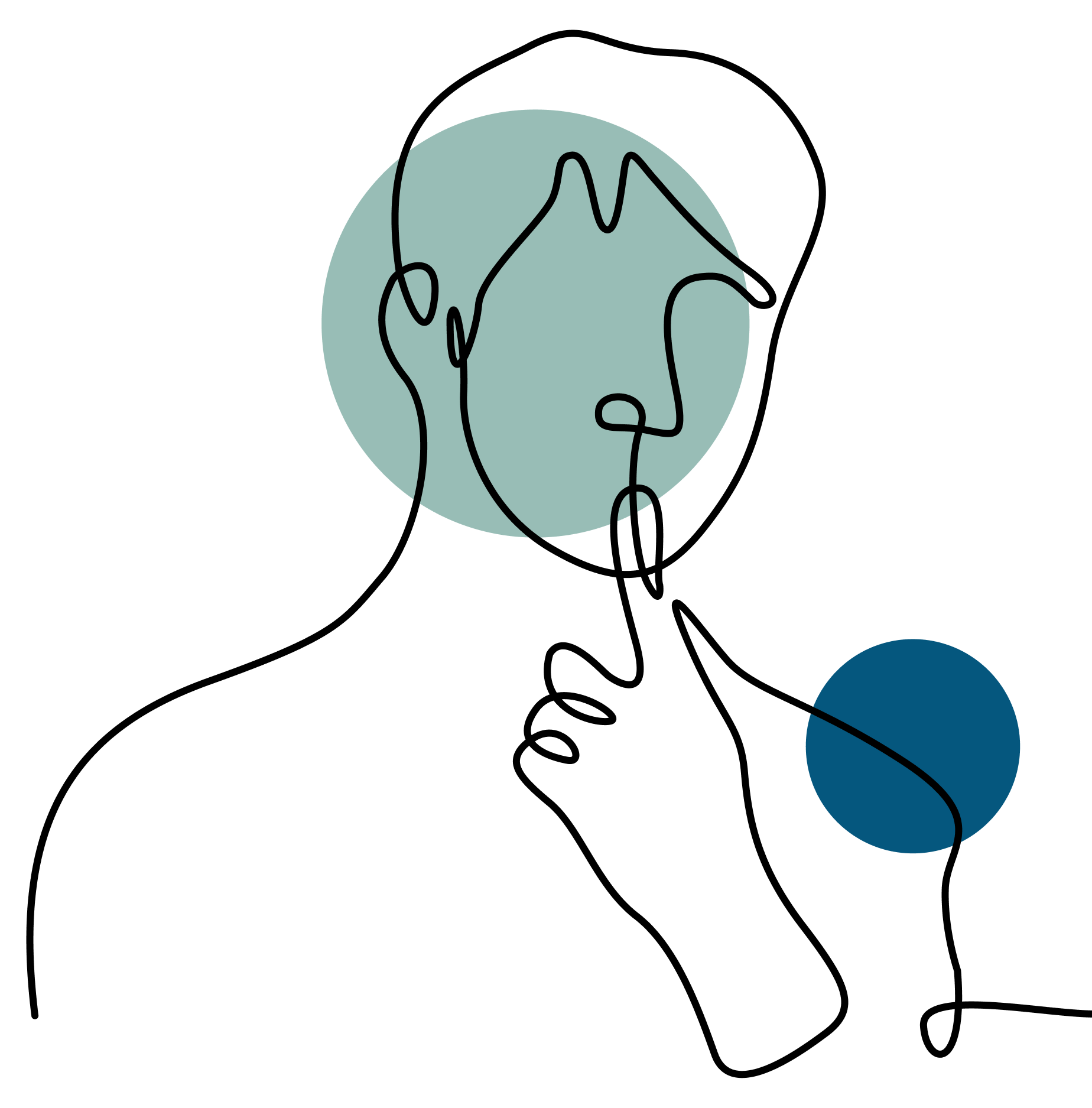 outline of a person thinking with a dark blue circle in the bottom right and a larger green circle around the person's head